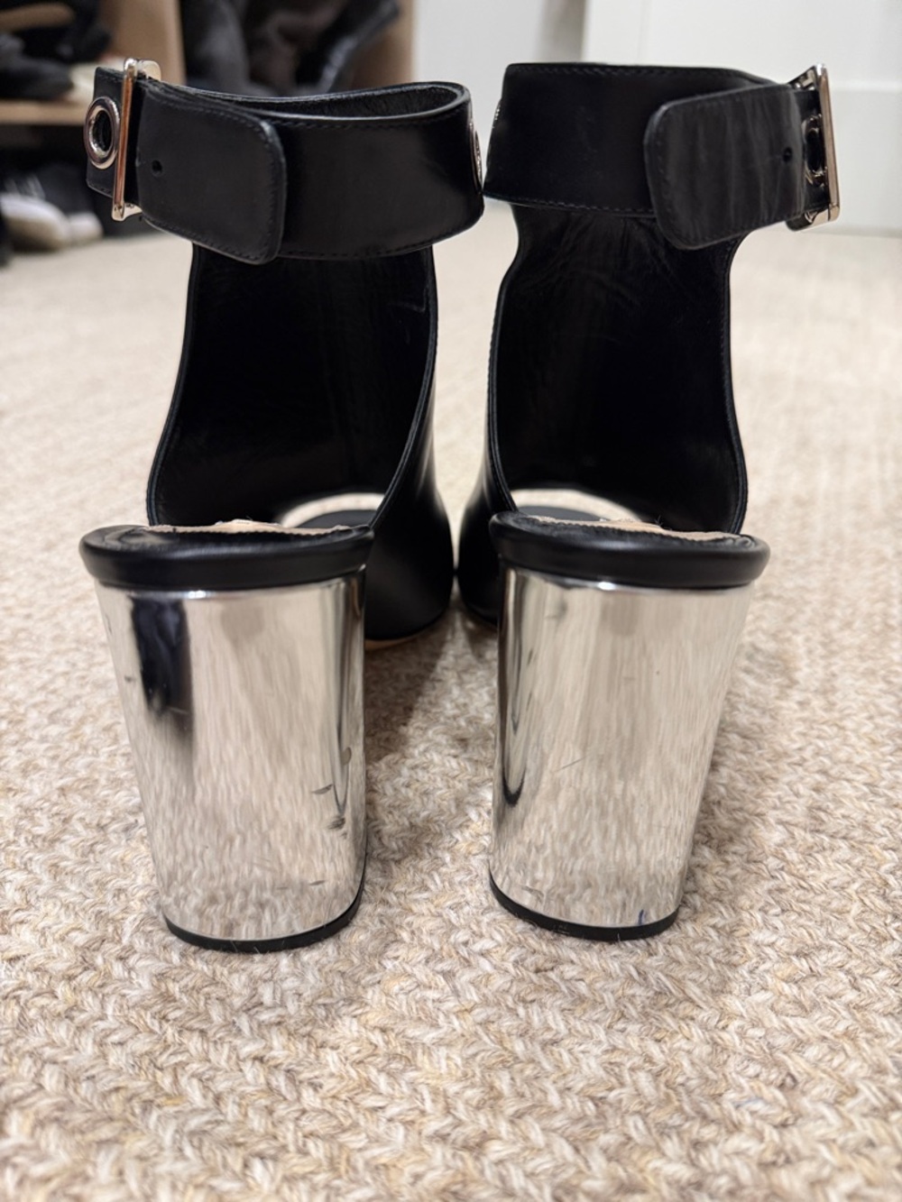 Vintage Prada Black Leather Peep-Toe Ankle Boots with Silver Eyelets - Picture 4 of 7